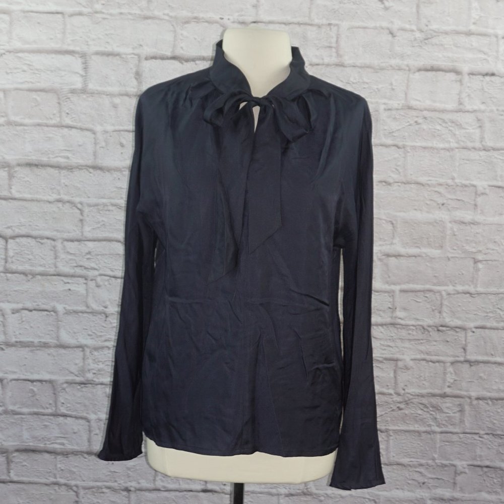 Brochu Walker Navy Silk Tie Bow Collar Blouse Top Small